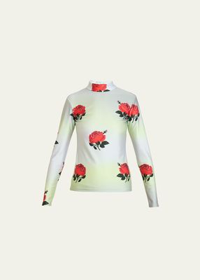 Corsage-Print Mock-Neck Top With Zipper