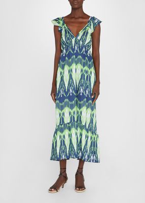 Cosette Ikat-Print Ruffle-Sleeve Maxi Dress