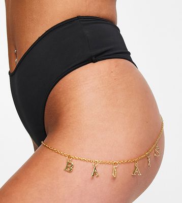 Cosmogonie Exclusive high waist high leg thong with gold chain detail in black - BLACK