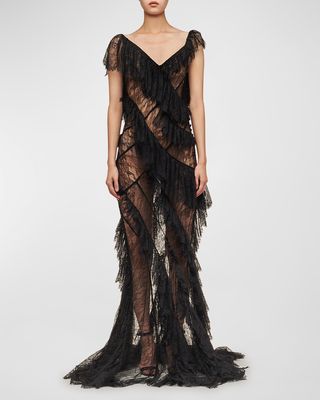 Cosmos Cascading Ruffle Sheer Open-Back Lace Gown