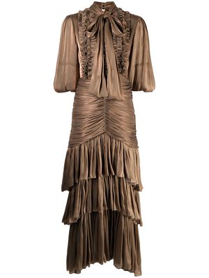 Costarellos ruffle-detail tiered evening dress - Brown