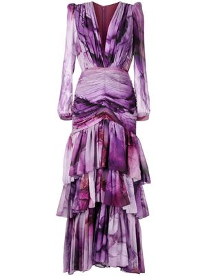 Costarellos ruffle-detail tiered evening dress - Purple