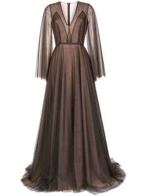 COSTARELLOS sheer-panel evening gown - Brown