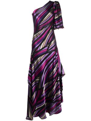 Costarellos stripe-print one-shoulder gown - Black
