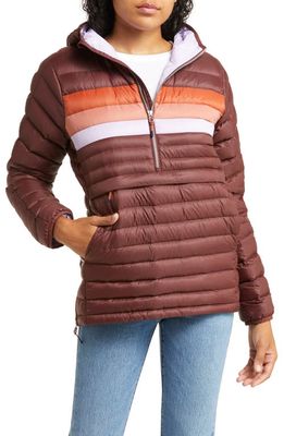 Cotopaxi Fuego 800 Fill Power Down Quarter Zip Hooded Jacket in Chestnut Stripes