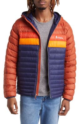 Cotopaxi Fuego Water Resistant 800 Fill Power Down Hooded Jacket in Spice/Maritime