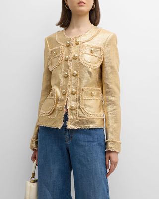 Cotton-Blend Lacquered 4-Pocket Fringed Jacket