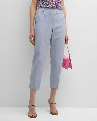 Cotton Blend Seersucker Cropped Ankle Pants