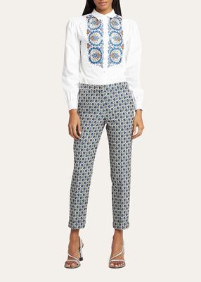 Cotton Button-Front Shirt with Embroidered Paisley Detail