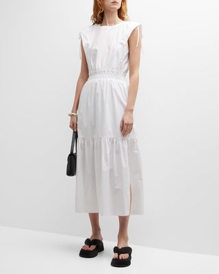 Cotton Cinch-Shoulder Midi Dress