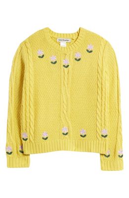 Cotton Emporium Kids' Floral Embroidered Cable Stitch Sweater in Sunshine Yellow