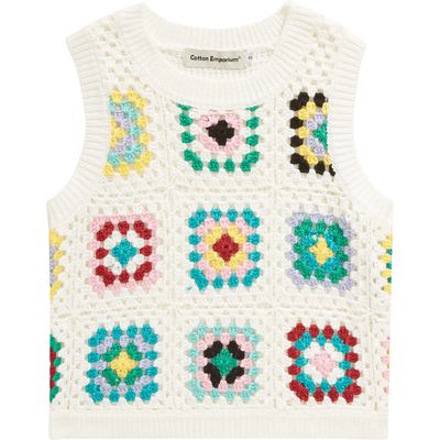 Cotton Emporium Kids' Granny Square Open Stitch Sweater Tank in White 