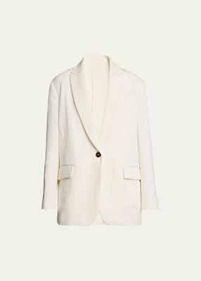 Cotton Linen Herringbone Single-Breasted Oversized Blazer