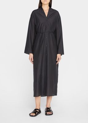 Cotton-Silk Cinched Wide-Sleeve Midi Dress
