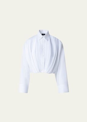 Cotton Voile Button-Front Blouse with Pleated Waist