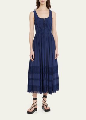 Cotton Voile Midi Dress with Tiered Lace Details