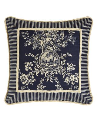 Country Toile Pillow with Striped Frame, 19"Sq.