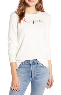 Court & Rowe Bonjour Embroidery Crewneck Cotton & Wool Blend Sweater in Antique White