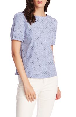 Court & Rowe Flocked Dot Pinstripe Short Sleeve Cotton Blouse in Chambray Blue
