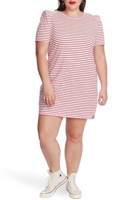 Court & Rowe Stripe Puff Sleeve Cotton Knit T-Shirt Dress in Bright Rouge