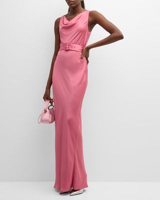 Cowl-Neck Belted Sleeveless Satin Bias Gown