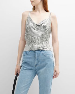 Cowl-Neck Fringe Chainmail Tank Top