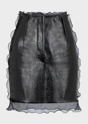Cracle Leather Ruffle-Trim Mini Skirt