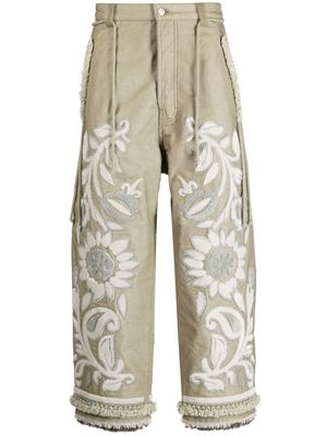 Craig Green floral-embroidered cropped trousers - Brown