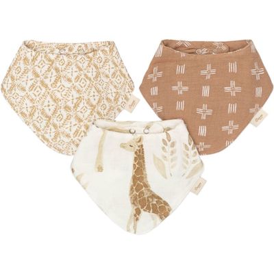 CRANE BABY 3-Pack Cotton Muslin Bandana Baby Bibs in Beige Multi 