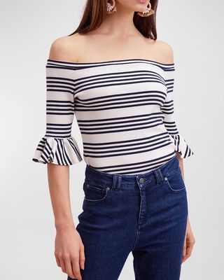 Crayon Striped Off-Shoulder Bell-Sleeve Sweater