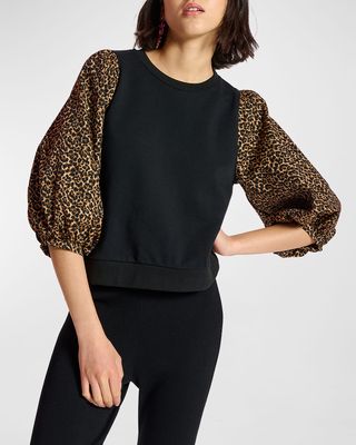 Crema Sweatshirt w/ Leopard-Jacquard Sleeves
