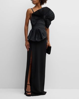 Crepe and Taffeta Column Gown with Pleated Applique Detail