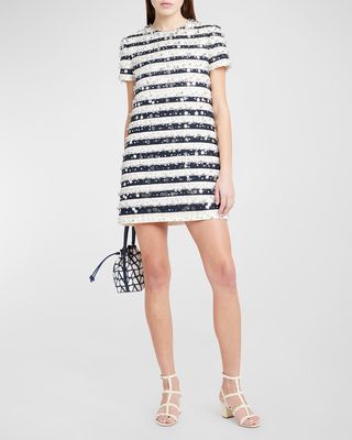 Crepe Couture Striped Mini Dress with Beaded Embellishments