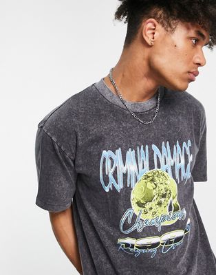 Criminal Damage 1999 champions print T-shirt in washed black