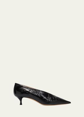 Crinkle Leather Kitten-Heel Pumps