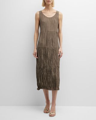 Crinkled Scoop-Neck Tiered Silk Midi Dress