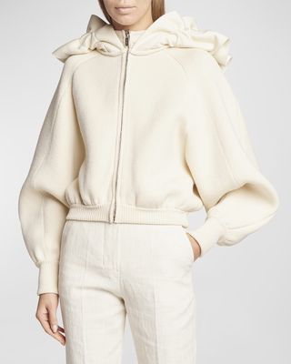 Crinoline Ruffle Hooded Zip-Front Knit Jacket