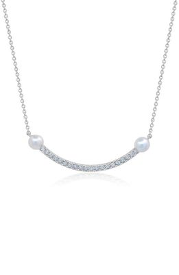 Crislu Pavé Cubic Zirconia & Imitation Pearl Curved Bar Pendant Necklace in Silver