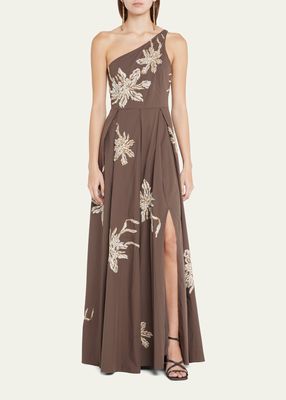 Crispy Cotton One-Shoulder Gown With Marine Botanical Embroidery