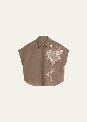 Crispy Silk Button-Front Top with Magnolia Embroidery