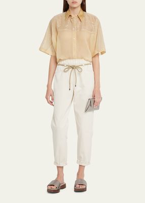 Crispy Silk Chiffon Blouse with Embroidered Shoulder Detail
