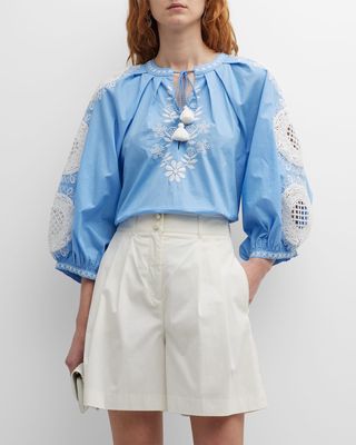 Cristina Floral Eyelet Embroidered Blouson-Sleeve Top
