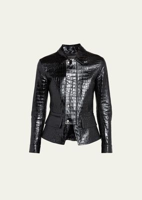 Croc-Embossed Fitted Leather Jacket