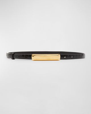 Croc-Embossed Leather Skinny Belt