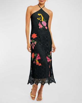 Crochet Lace Halter Midi Dress With Embroidered Flowers