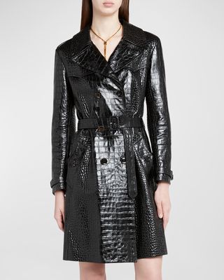 Croco Embossed Belted Leather Trench Coat