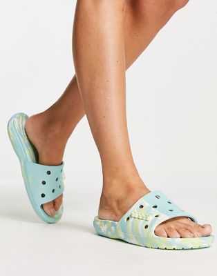 Crocs classic slide flat sandals in celery marble-Green