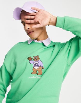 Crooked Tongues crew neck sweatshirt with bear wave embroidery in green