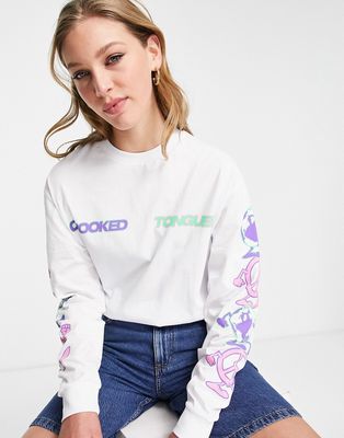 Crooked Tongues long sleeve T-shirt with peace graphic in white