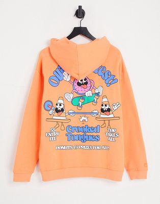 Crooked Tongues oversized hoodie with skateboard ollie contest back graphic print in orange